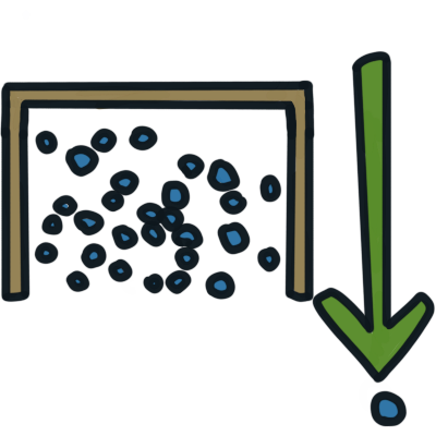 many blue dots in an overturned square bracket. to the right and below them is a single other blue dot, which has a green arrow pointing to it.